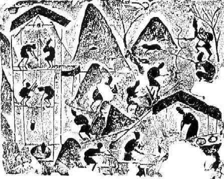 Art Imitating Life, Life, Tomb releif, Salt mining was a major industry in Sichuan province. Wells, such as the one on the lower left comer, were drilled to extract brine which was led through bamboo pipes to evaporation pans (lower right).