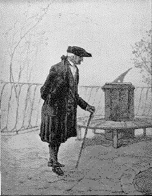 Old man walking with cane around a sundial