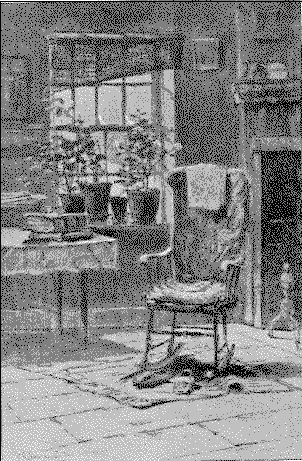 Grandmamma's empty rocking chair with
slippers before, books on table, and
rosebushes in pots on window sill, with
snow outside