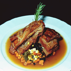 Braised Veal Shortribs, Black Trumpet Mushrooms, Corn and  braised collards, red pepper spaetzle, natural au jus