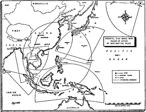 Map: Potential B-29 Bases With radius of Action of 1600 Nautical Miles