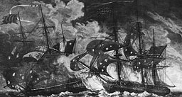 Painting: 'A View of the American Merchant Ship Planter beating off a French National
Privateer of 22 Guns July 10th 1779.' A sketch attributed to B.F. McCarthy, USN.