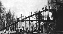 Painting: 'Preparation for War to defend Commerce. The Swedish Church Southwark with
the building of the Frigate Philadelphia.'