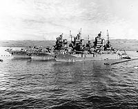 Photo # 80-G-275940:  USS Idaho, New Mexico and Mississippi at Pearl Harbor, Dec. 1943