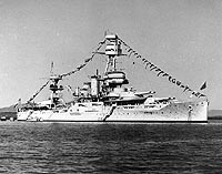 Photo # 80-G-464121:  USS Texas dressed with flags for Navy Day, 27 October 1940
