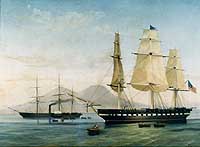 Photo # NH 1310-KN: USS Congress at Naples, 1857, with USS Susquehanna at left