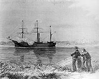 Photo # NH 59580:  USS Wyandotte in Pensacola Harbor, Florida, firing a salute on George Washington's birthday, 22 February 1861