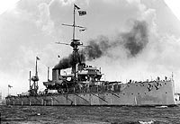 Photo # NH 63367:  British battleship Dreadnought in harbor, circa 1906-07