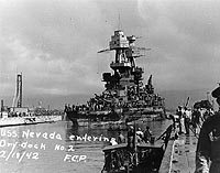 Photo # NH 83056:  USS Nevada entering Drydock # 2 at Pearl Harbor Navy Yard, 18 February 1942, following refloating.