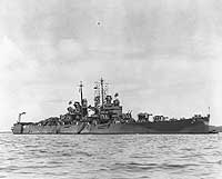 Photo # NH 84397:  USS Denver in a South Pacific harbor, circa 1943