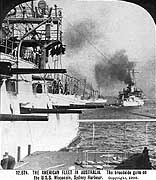 Photo # NH 100336:  Great White Fleet battleships in Sydney Harbor, Australia, August 1908