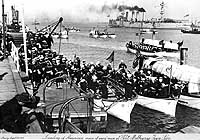Photo # NH 106190:  Great White Fleet's Naval Brigade landing at Port Melbourne, Australia, August 1908.  Artwork by Norman Carter