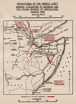 Map: Operations in the Mmiddle East showing evacuatyion of Berbrea and the Italian Invasion of Somaliland, August 1940