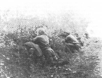 A U.S. infantry squad deployed along a small hedgerow