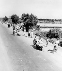 RESIDENTS OF CAVITE evacuating the city after the Japanese bombing raid of
10 December. After the destruction of the Navy yards at Cavite, the remaining
11 naval patrol bombers were flown to the Netherlands East Indies. The ground
forces were left with little or no air support. The Japanese, having control of the
air over the Philippines, began to mass their troops for the capture of the islands.