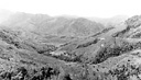 TYPICAL TERRAIN OF NEW CALEDONIA; the rugged terrain and dense
woods and growth made maneuvering in the Pacific islands extremely difficult
(top). Small infantry bivouac area, showing the native-type huts occupied by
some of the U.S. troops stationed on the island (bottom).