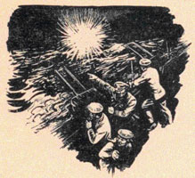 Drawing of ship firing at unseen target at night.