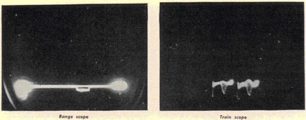 Unmodulated CW Jamming (Mark 4 radar), Range scope on left, Train scope on left.