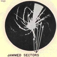 Random-Noise AM Jamming. Arrows point out Jammed Sectors.