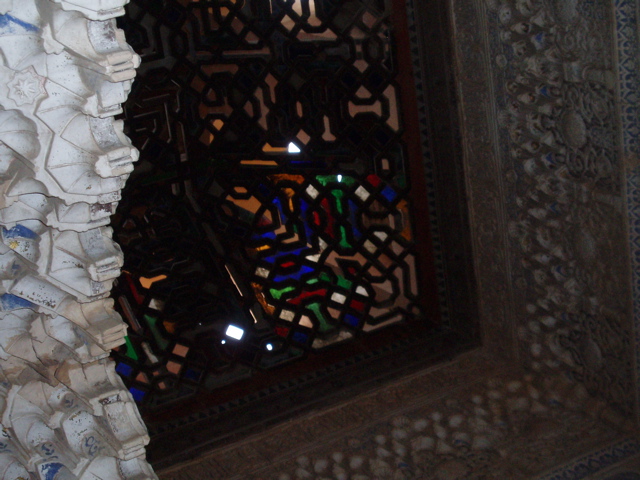 Stained glass in wooden ceiling