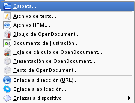 Menó desplegable sobre los nuevos ficheros o directorios.