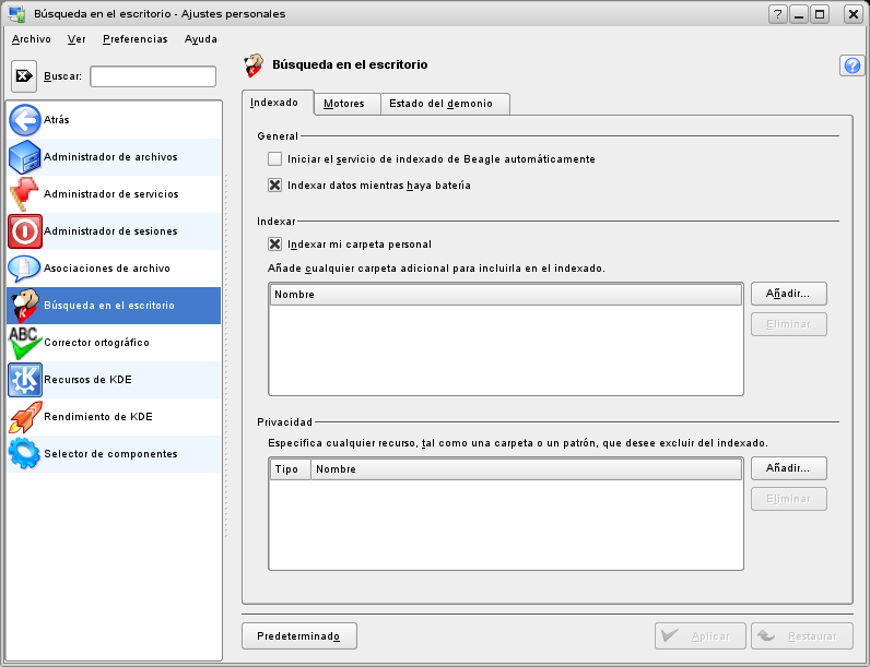 Los módulos de kcontrol para los componentes de KDE.