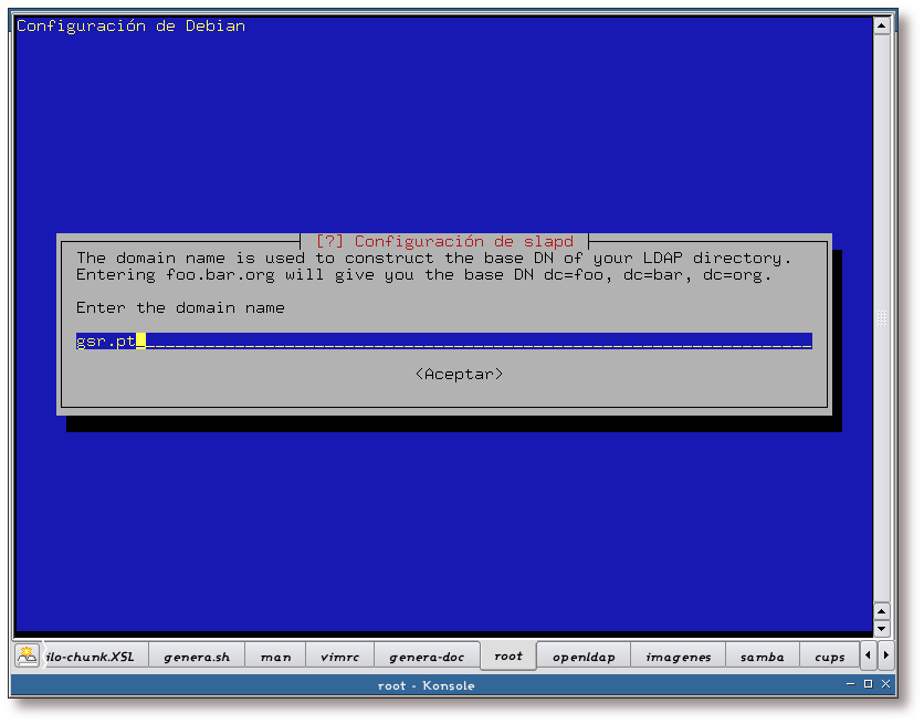 Configuración de slapd, elección del dominio