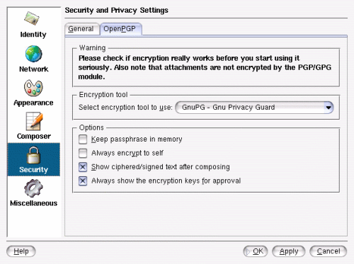 Fig. 3: kmail security options OpenGPG