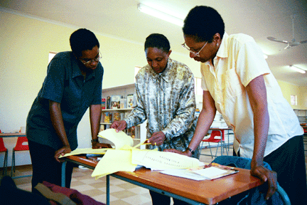 WLP volunteers Del Hornbuckle and Margaret Traylor discuss the best use of the Dewy Decimal system with Busi Ndawo of the Department of Education.