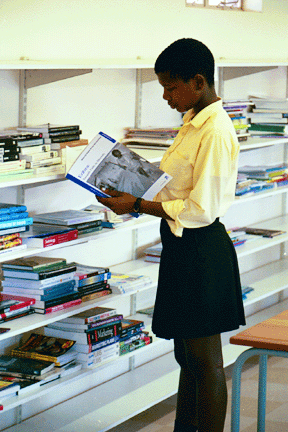 A learner at DD Mabuza High School chooses a new book from the reorganized shelves of the library.