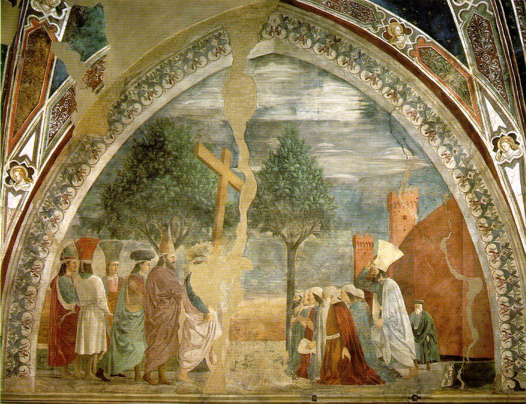 Piero della Francesca (1416-92): Korsets opphøyelse (ca 1466), freske i kirken San Francesco i Arezzo