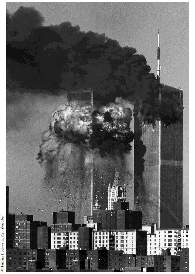The Twin Towers following the impact of American Airlines Flight 11 and United Airlines Flight 175