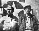 T-Sgt. Oliver Gibb, (left), Red Lake, Minnesota, wears the Air Medal.
The officer on the right is an Indian from Oklahoma.