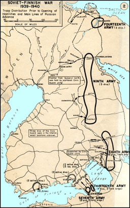 Map: Soviet-Finnish War, 1939-1940: Troop Distribution and Main Lines of Russian Advance