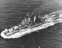 Photo # 80-G-325746: USS Pittsburgh en route to Guam shortly after she lost her bow in a typhoon, June 1945