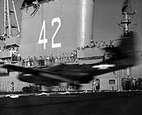 Photo # 80-G-702898:  XFD-1 jet fighter lands on board USS Franklin D. Roosevelt (CVB-42), 21 July 1946