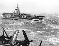 Photo # 80-G-706984:  USS Midway steams through a gale east of Sicily, Feb. 1949