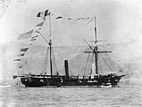 Photo # NH 53408:  USS Huron dressed with flags, probably after the Civil War