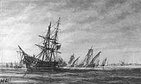 Photo # NH 56734:  Stranding and capture of USS Philadelphia.  Sketch by William Bainbridge Hoff