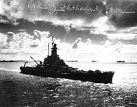 Photo # NH 58573: USS Massachusetts coming into Ulithi anchorage, 24 November 1944.  The original print was autographed by Fleet Admiral Chester W. Nimitz.
