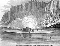 Photo # NH 58735:  Engraving of USS Passaic in the Hudson River, New York, firing at the Palisades, Nov. 1862
