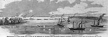 Photo # NH 59066:  Engraving of USS Kennebec and other gunboats attacking Mississippi River obstructions, 20 April 1862