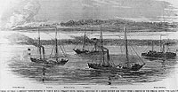 Photo # NH 59309:  Gunboats Seneca, Pembina and Ottawa engaging a Confederate battery in Ossabaw Sound, Georgia, 11 Dec. 1861