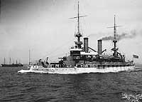 Photo # NH 61238:  USS Kearsarge underway in harbor during the early 1900s