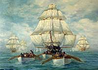 Photo # NH 85542-KN:  USS Constitution under chase by a British squadron, July 1812.  Painting by Anton Otto Fischer.