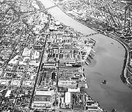 Photo # NH 90707:  Washington Navy Yard, D.C., aerial view looking east, circa 1960