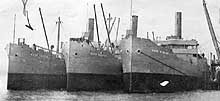Photo #  NH 104072:  S.S. Lake Weston, later USS Lake Weston (ID # 2926), between S.S. Lake Arthur and S.S. Lake Stirling circa Spring 1918