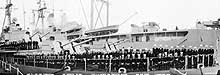 Photo # NH 106246:  Officers and crew of USS Meredith, at Norfolk, Virginia, 11 February 1959.  Photographed by J. Hanson.