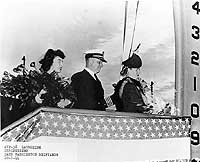 Photo # 19-N-77269:  Mrs. Ross E. Torkelson christens USS Duxbury Bay, 2 October 1944.