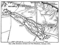 Map: The advance of the 2/8th Battalion on Fort Pilastrino, 21st January